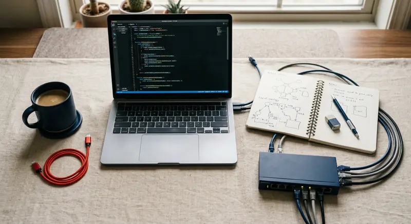 Desk with a laptop and project planning notes